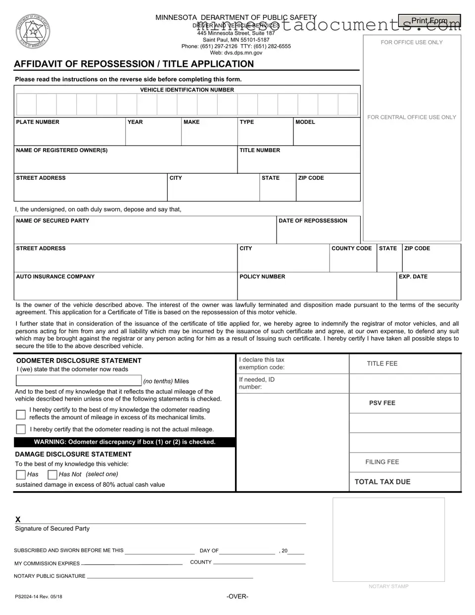 Fill in Your Affidavit Of Repossession Minnesota Form