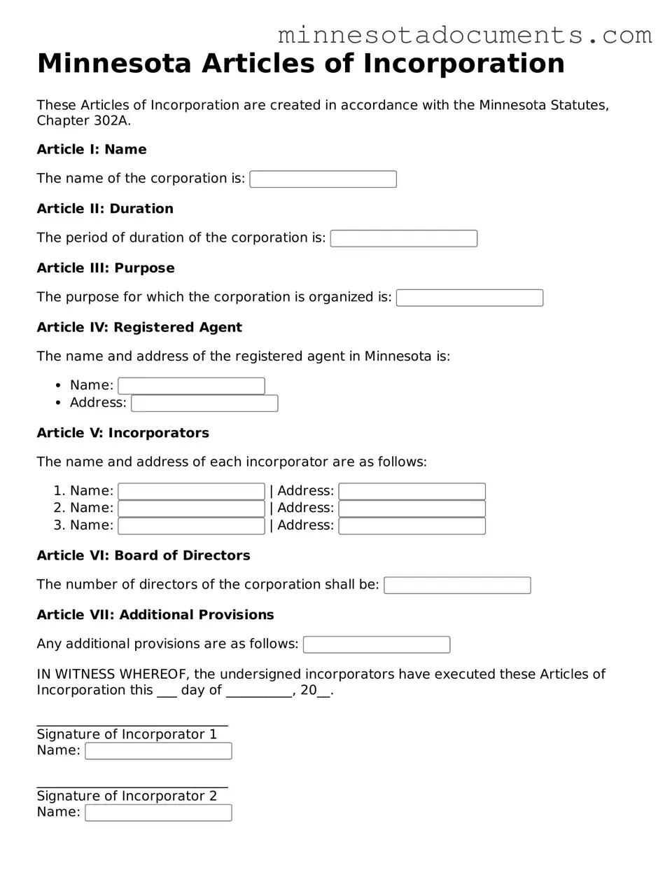 Minnesota Articles of Incorporation Form