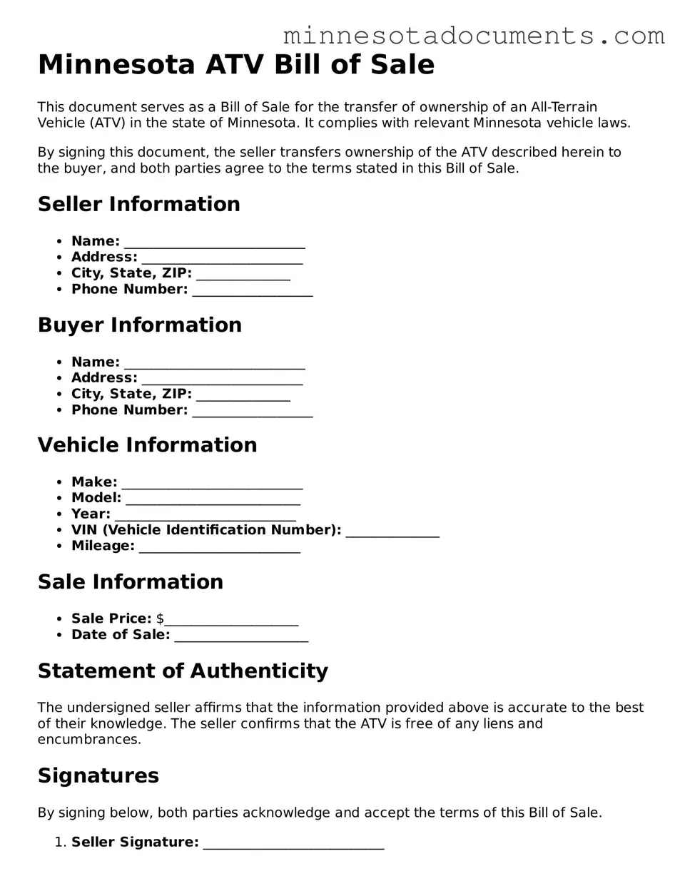 Minnesota ATV Bill of Sale Form