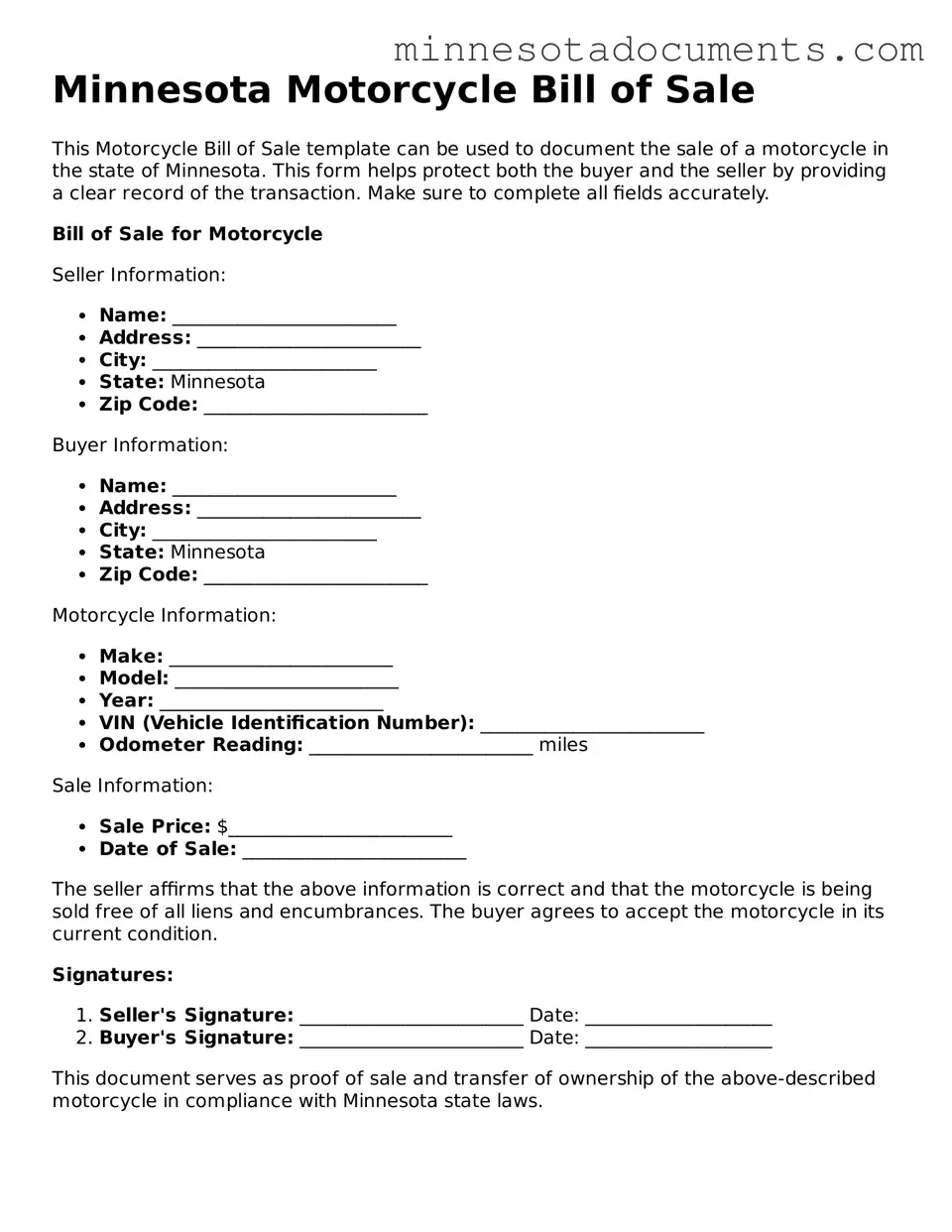 Minnesota Motorcycle Bill of Sale Form