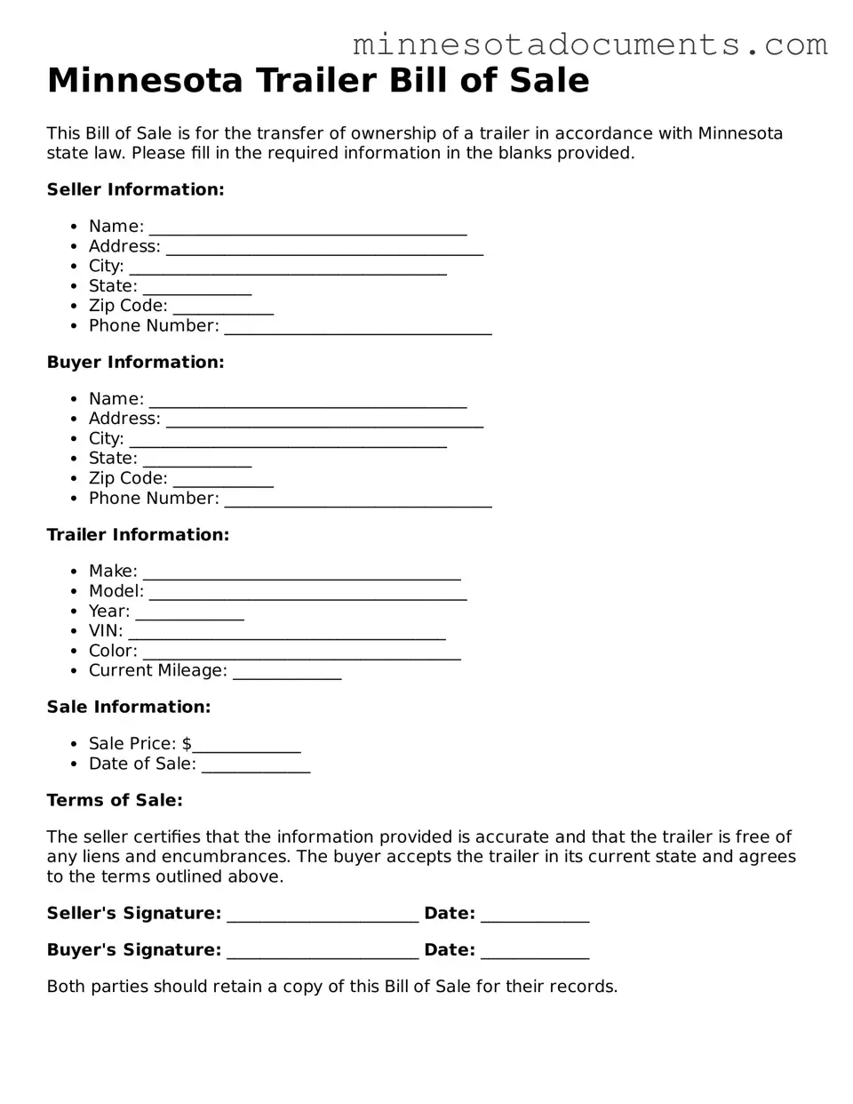 Minnesota Trailer Bill of Sale Form