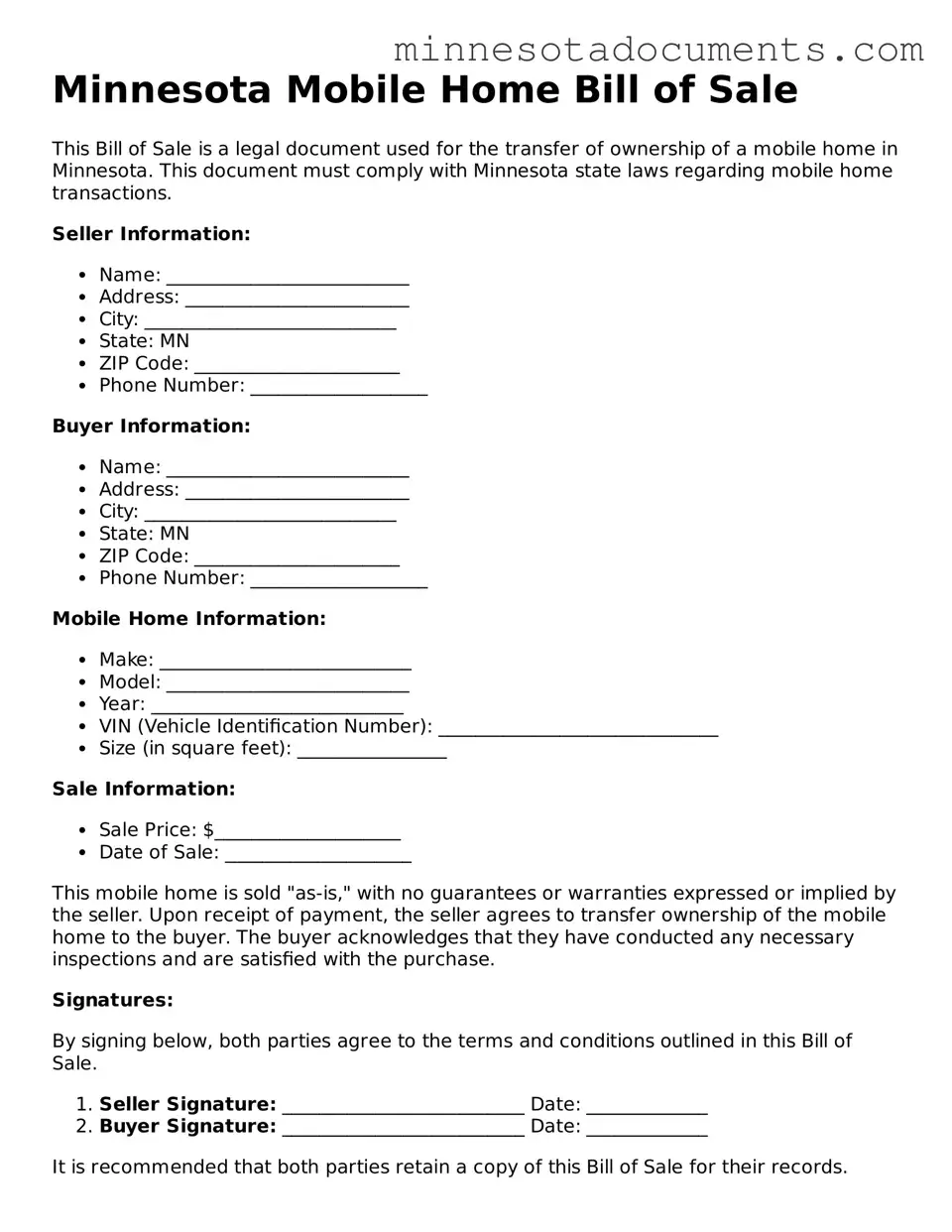 Minnesota Mobile Home Bill of Sale Form