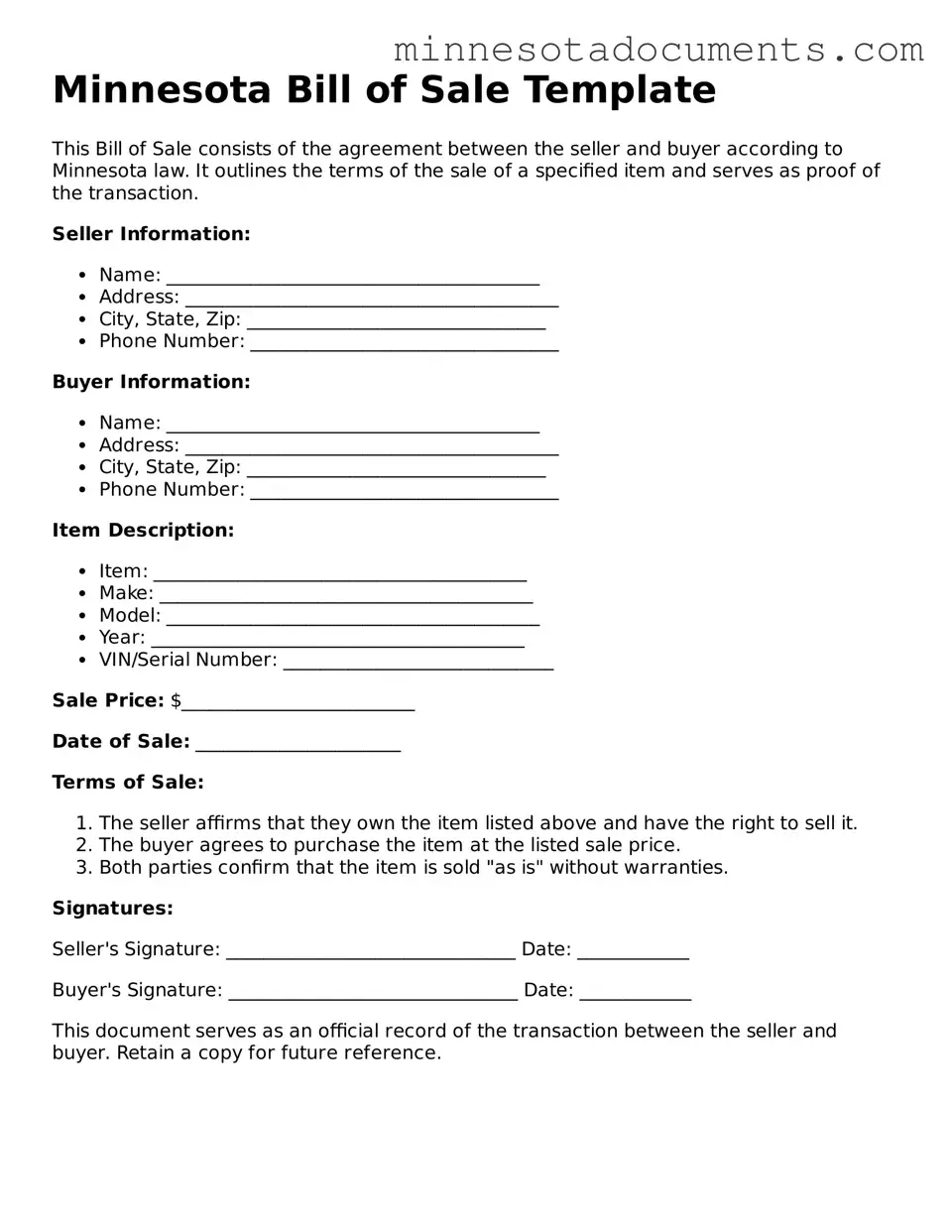 Minnesota Bill of Sale Form