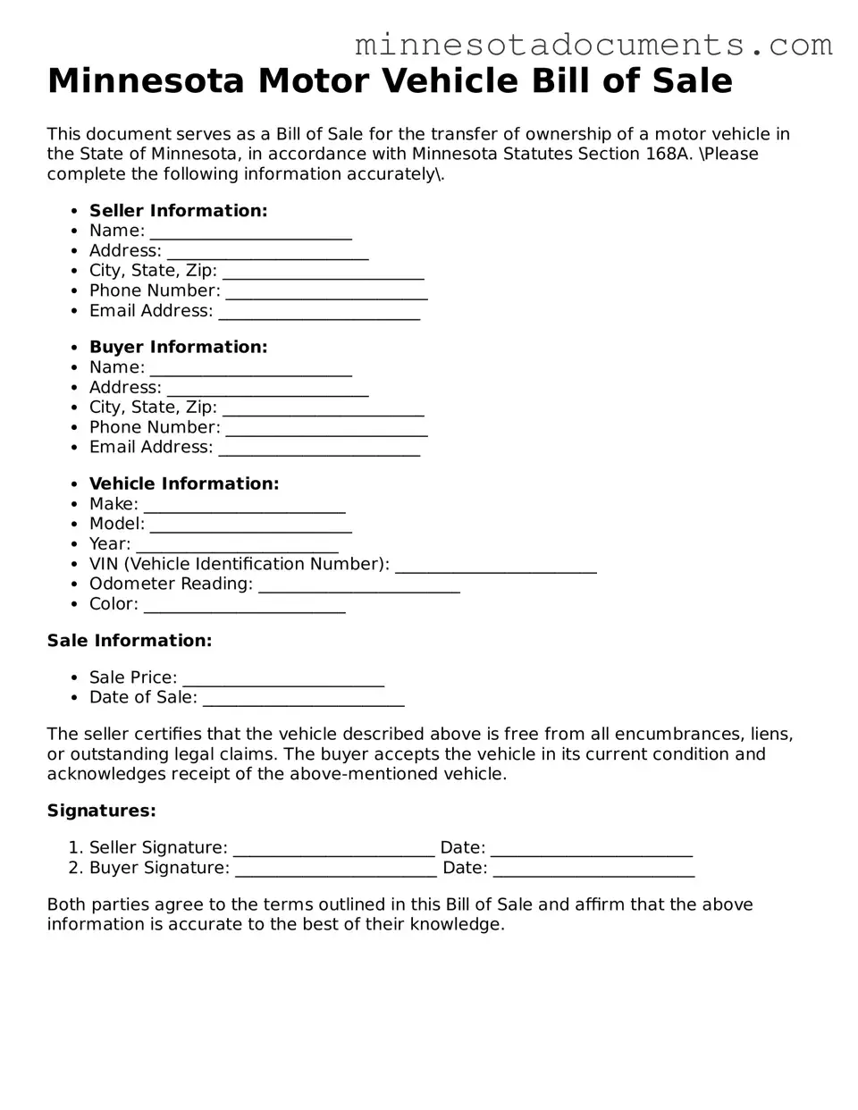Minnesota Motor Vehicle Bill of Sale Form