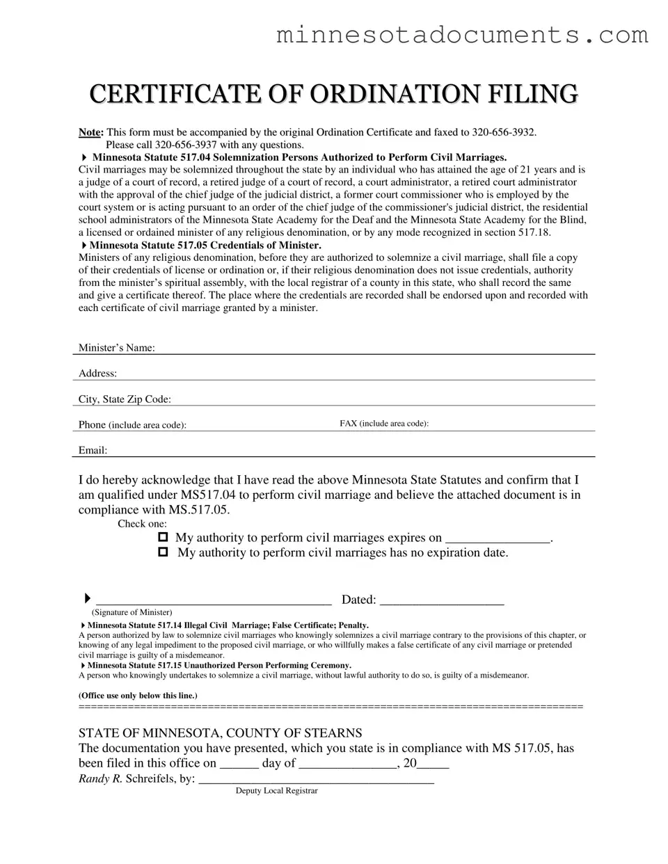 Fill in Your Minnesota Certificate Ordination Form