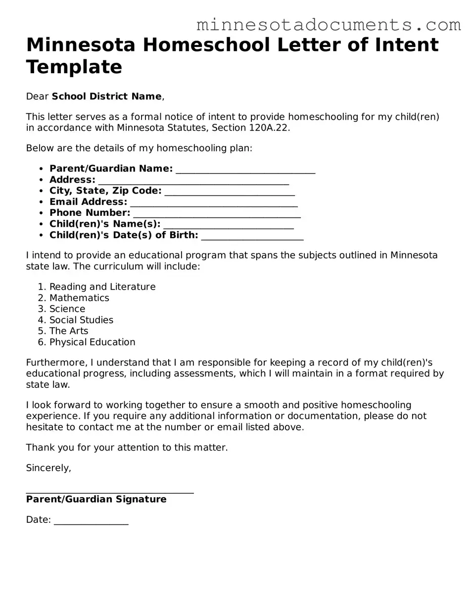 Minnesota Homeschool Letter of Intent Form