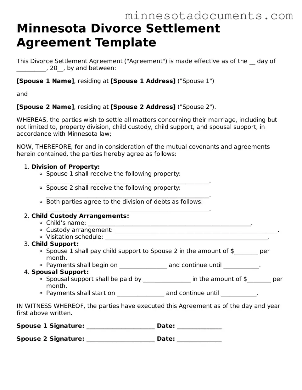 Minnesota Divorce Settlement Agreement Form