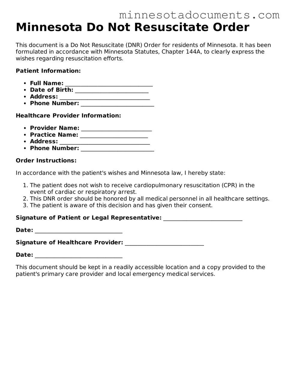 Minnesota Do Not Resuscitate Order Form