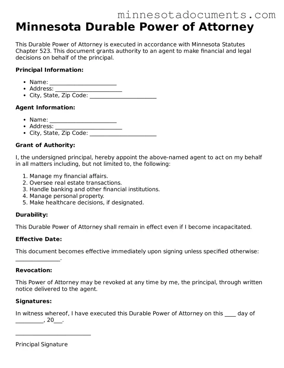 Minnesota Durable Power of Attorney Form