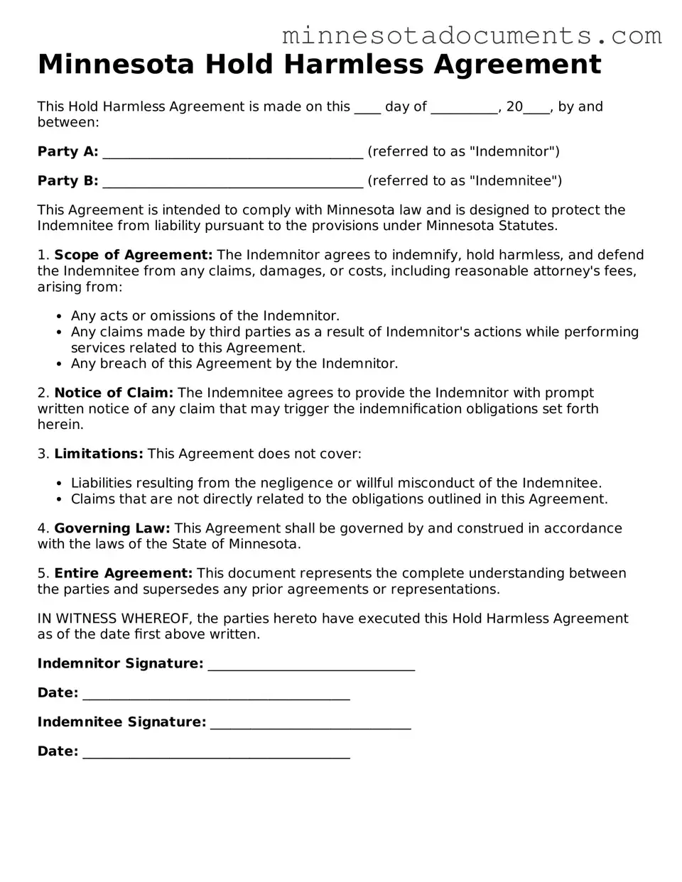 Minnesota Hold Harmless Agreement Form