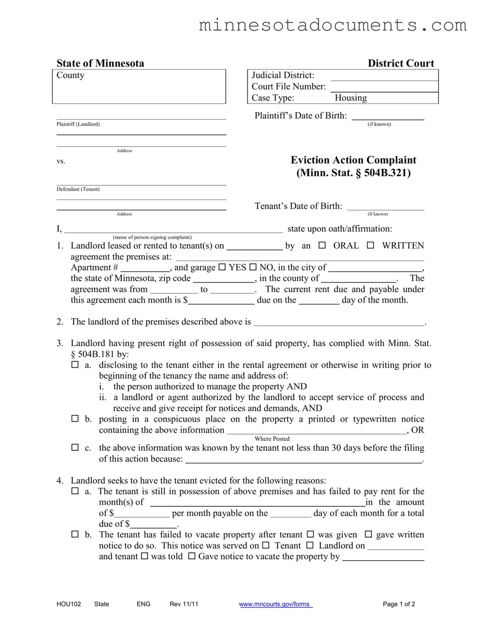 Fill in Your Minnesota Hou102 Form