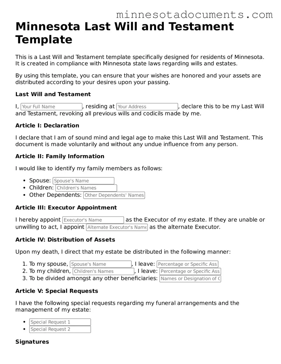 Minnesota Last Will and Testament Form