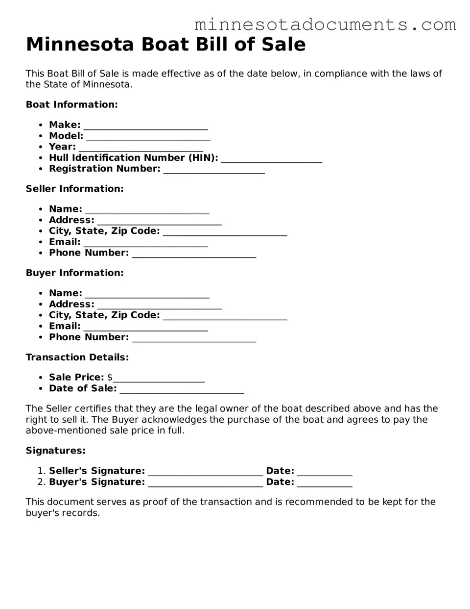 Minnesota Boat Bill of Sale Form