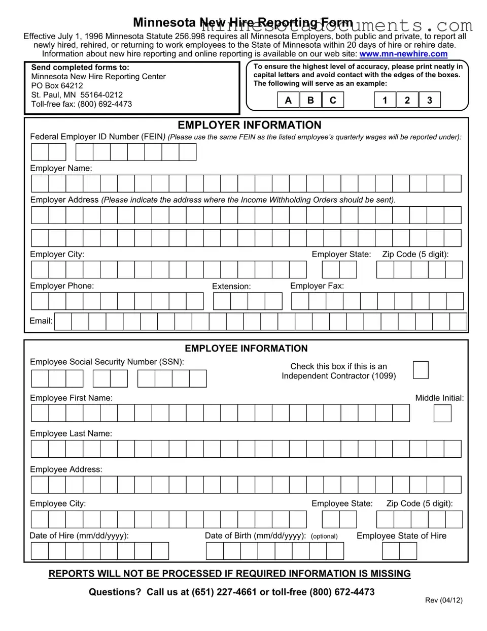 Fill in Your Minnesota New Hire Reporting Form