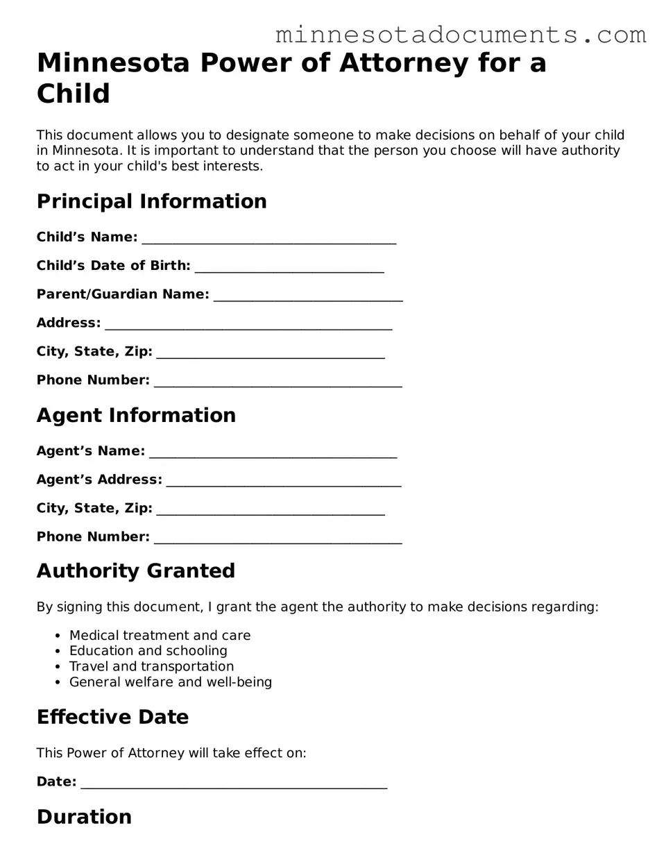Minnesota Power of Attorney for a Child Form