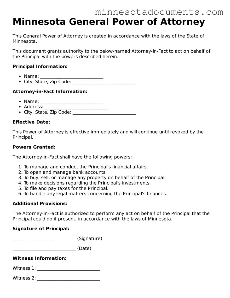 Minnesota General Power of Attorney Form