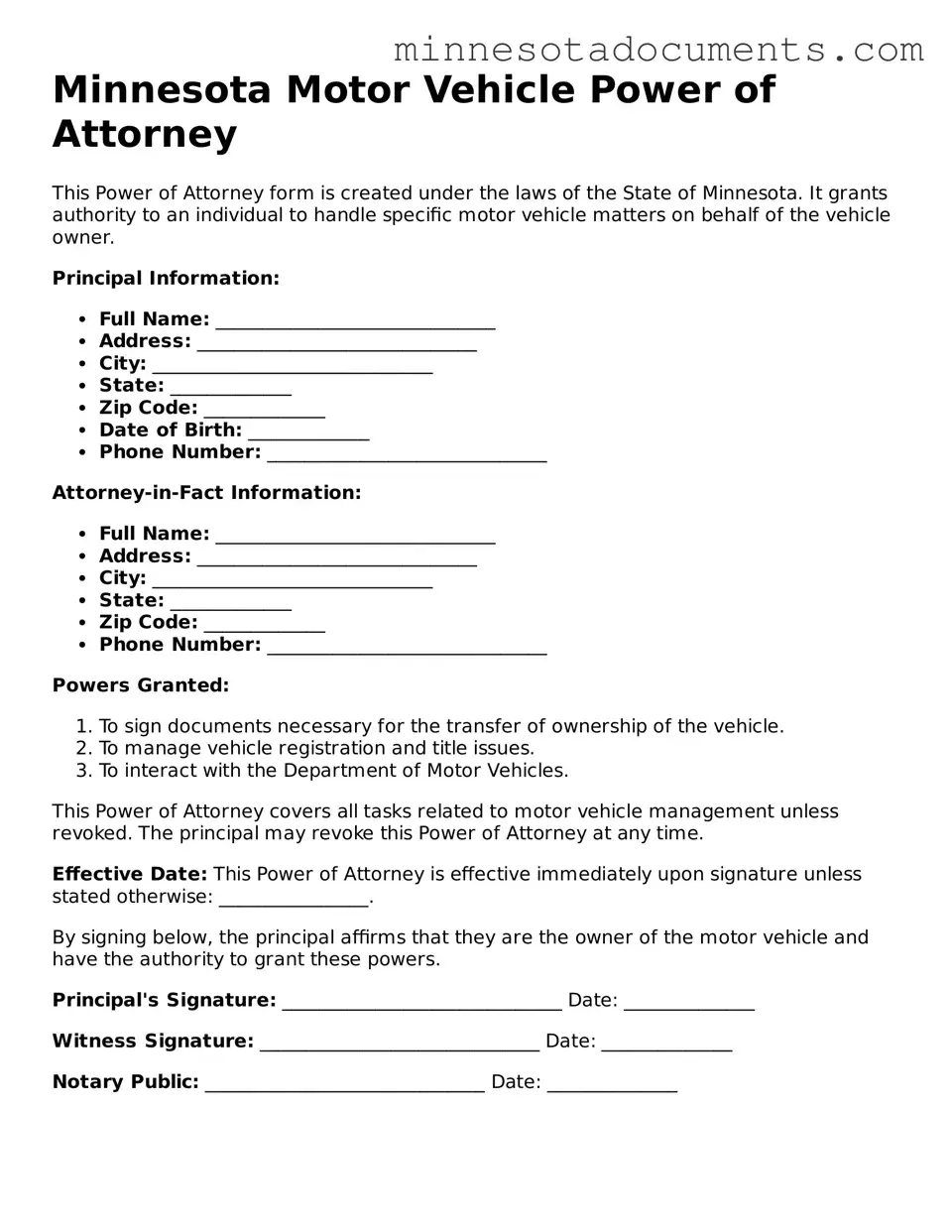 Minnesota Motor Vehicle Power of Attorney Form