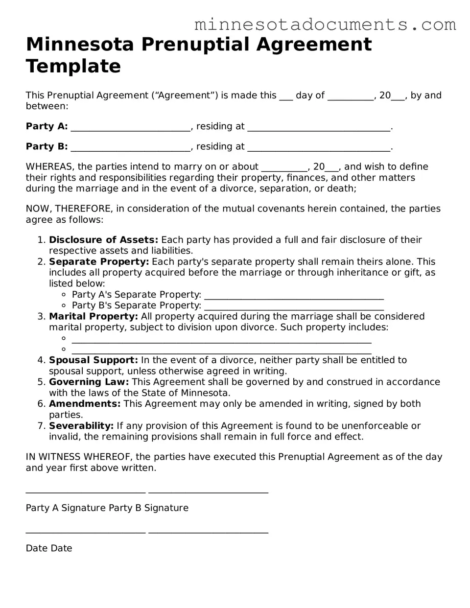 Minnesota Prenuptial Agreement Form