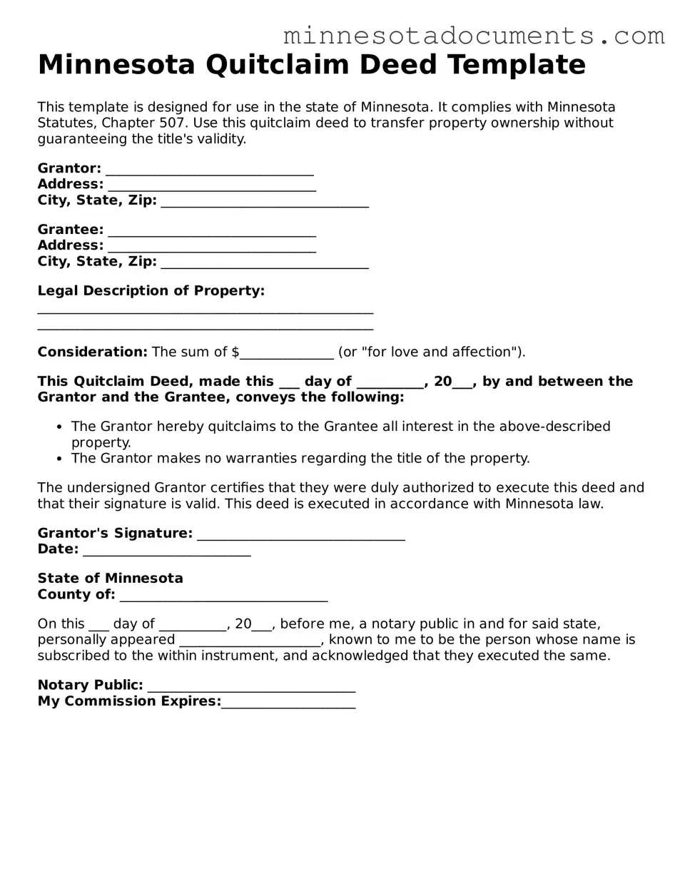 Minnesota Quitclaim Deed Form
