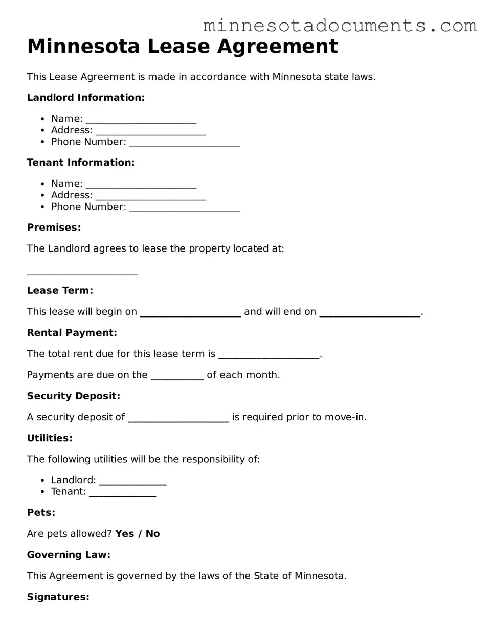 Minnesota Lease Agreement Form