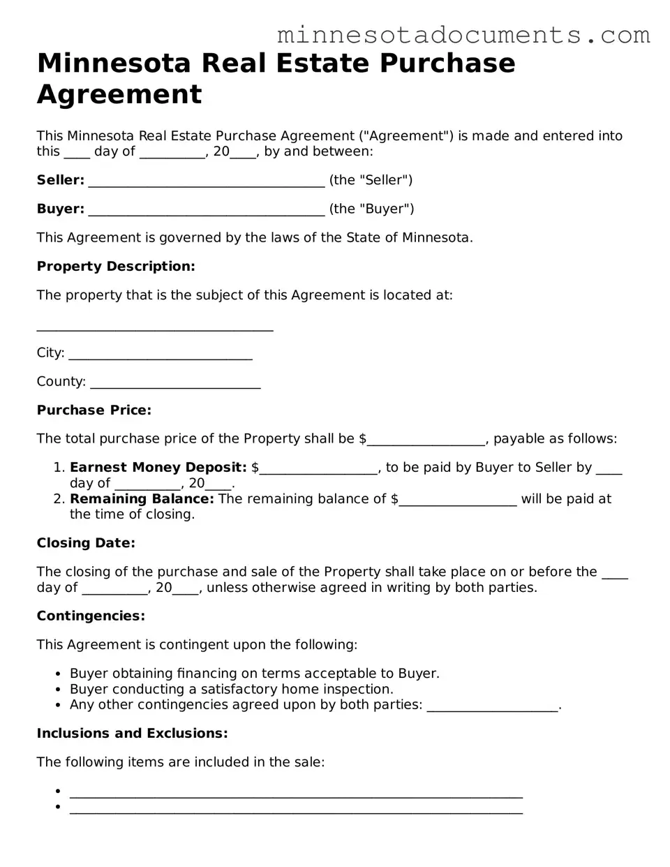 Minnesota Real Estate Purchase Agreement Form