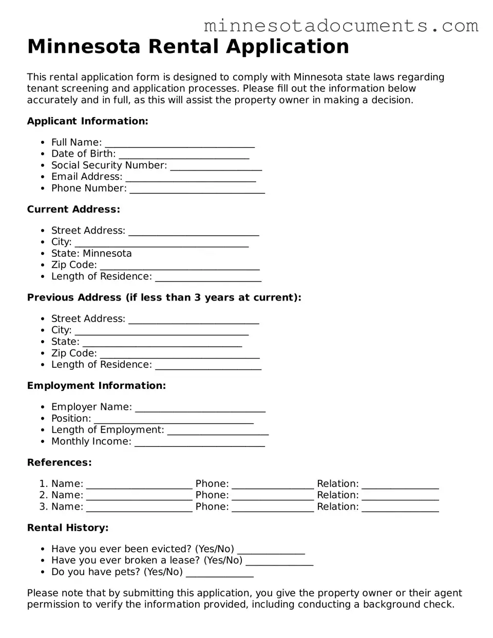 Minnesota Rental Application Form