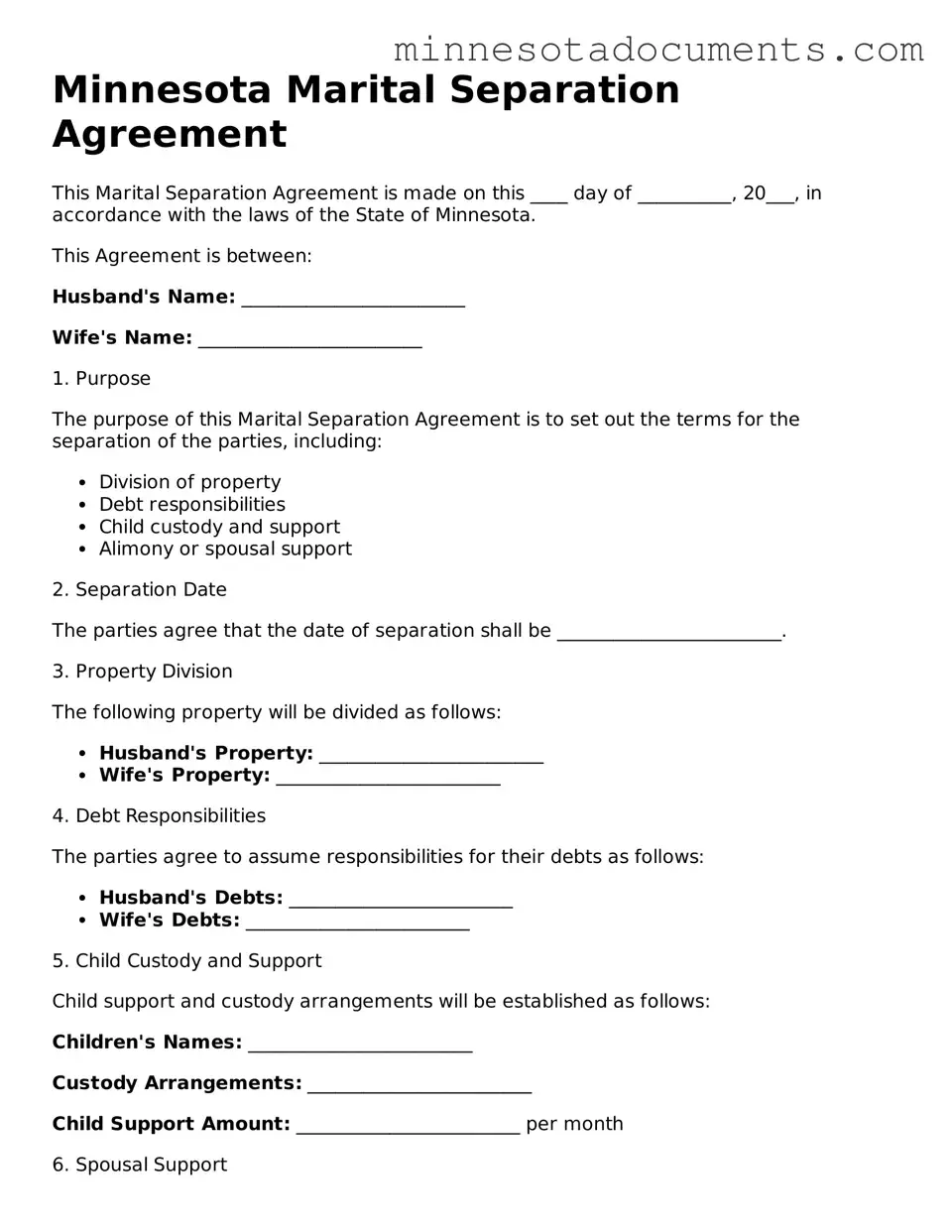 Minnesota Marital Separation Agreement Form