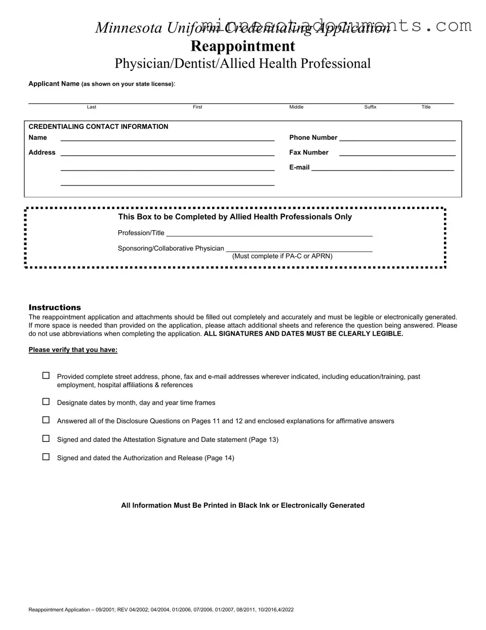 Fill in Your Minnesota Uniform Credentialing Application Form