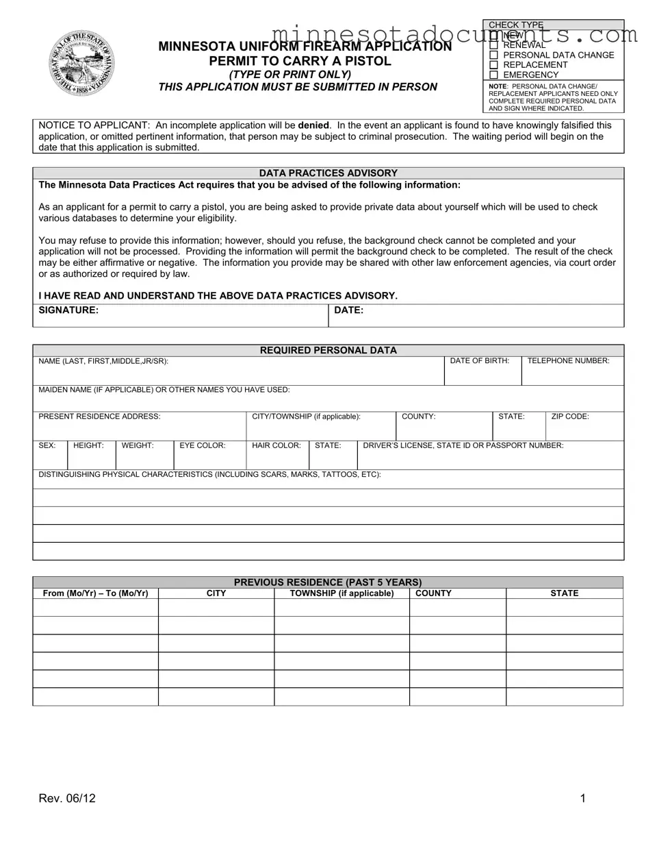 Fill in Your Minnesota Uniform Firearm Application Form
