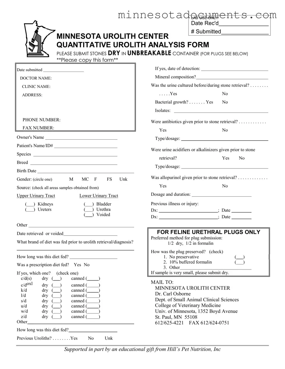 Fill in Your Minnesota Urolith Center Form