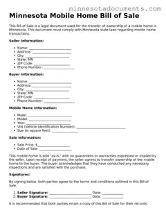 Minnesota Mobile Home Bill of Sale Form
